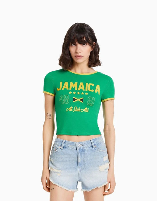 Aesthetic Women's JAMAICA Letter Printed Gothic Cut Top Street Wear Baby T-shirt Retro Casual Short Sleeve T-shirt Y2k Clothing